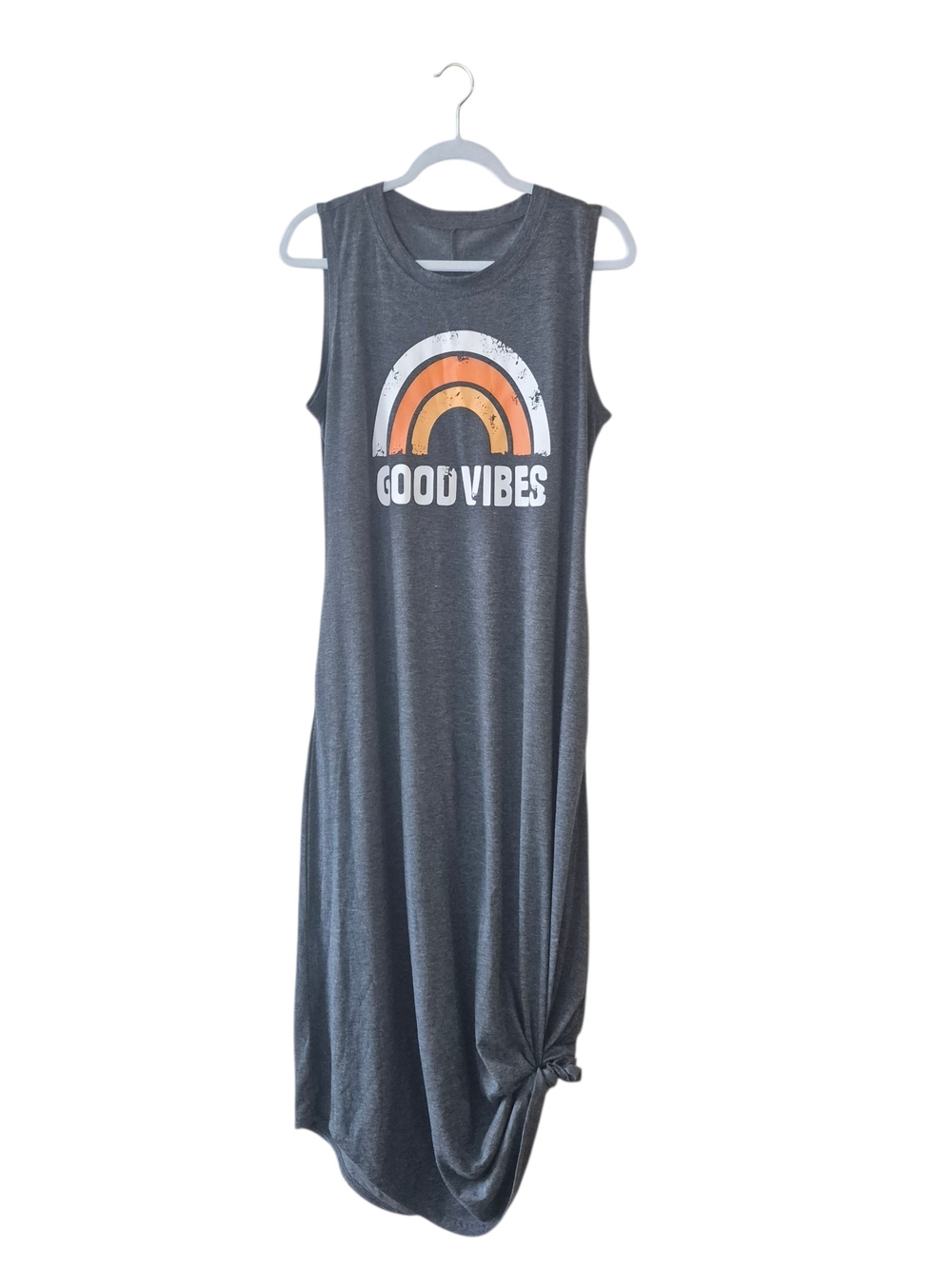 Maxi Dress Women Size L Gray Good Vibes Rainbow Tank Everyday Streetwear Hippie